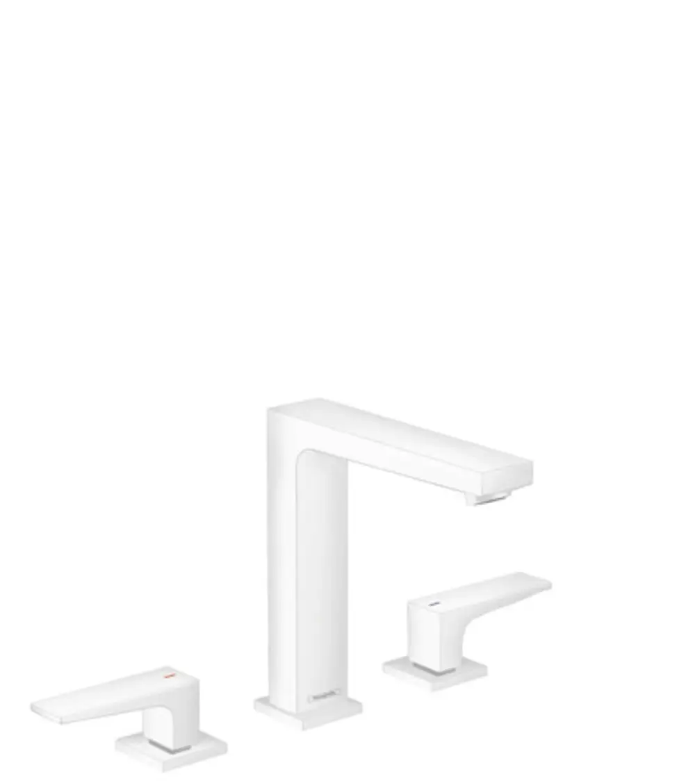 Weißes Waschtischarmatur-Set von Hansgrohe mit drei Teilen, einschließlich eines hohen Wasserhahns und zwei Hebelgriffen. Minimalistisches Design ohne zusätzliche Details sichtbar.